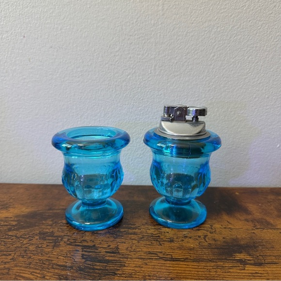 2pc Indiana Glass blue glass table lighter & toothpick holder 1970s - Picture 3 of 3